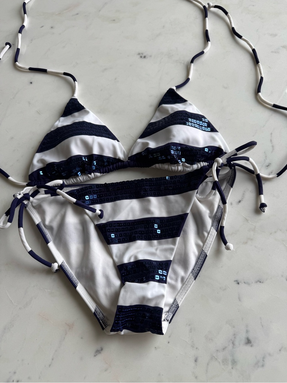 Victoria Secret - Bathing Suit - White + Navy Striped Sequin Bikini Set